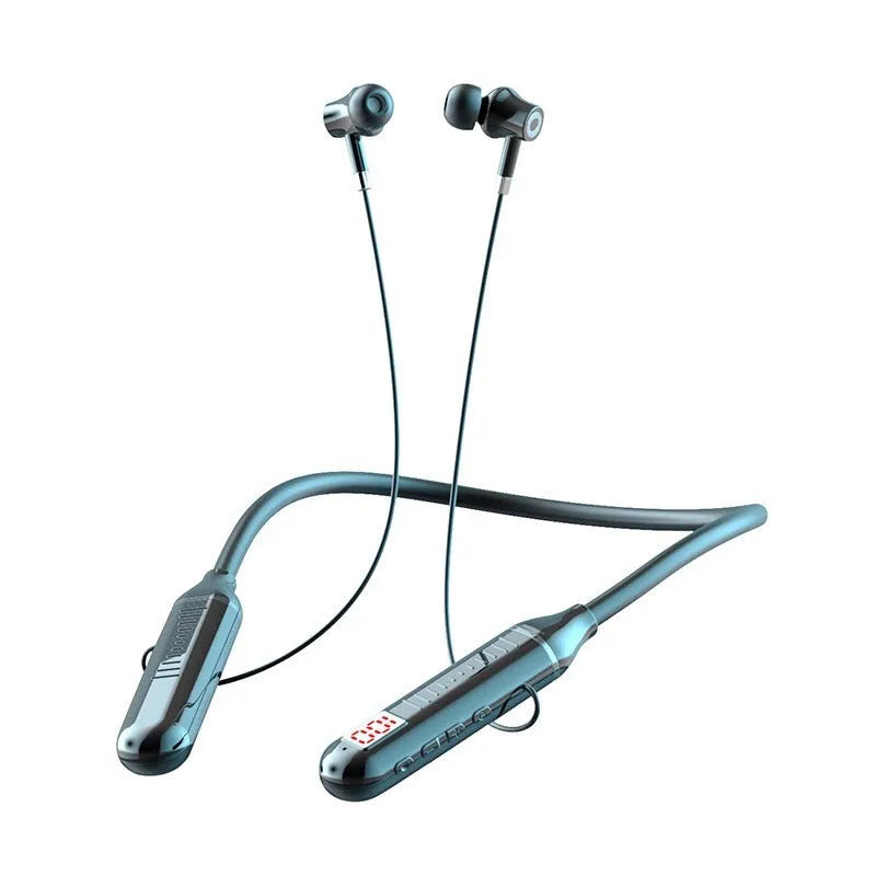 Wireless Bluetooth sports headset with power display card in neck-hanging design, shown in black colour.