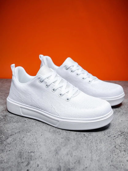 Light white and black unisex casual sports shoes with thick EVA sole and mesh upper, front lace-up.