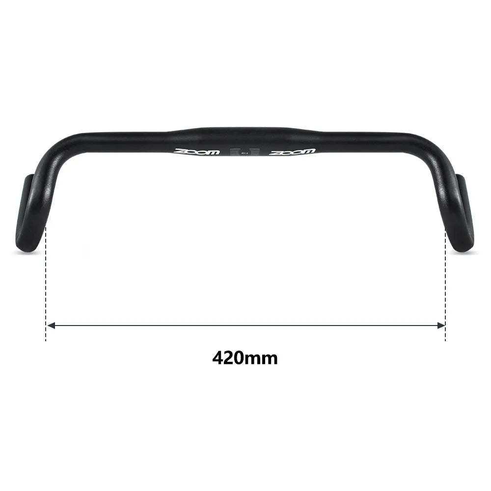 Black aluminium alloy road bike bent handlebar showing 420mm width and 31.8mm clamp area