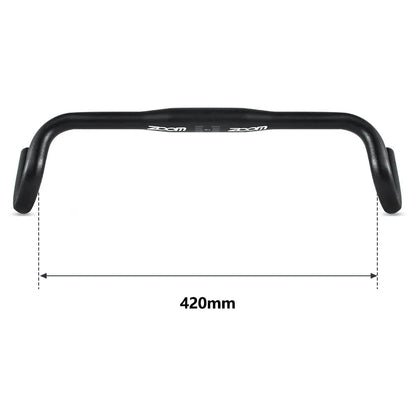 Black aluminium alloy road bike bent handlebar showing 420mm width and 31.8mm clamp area