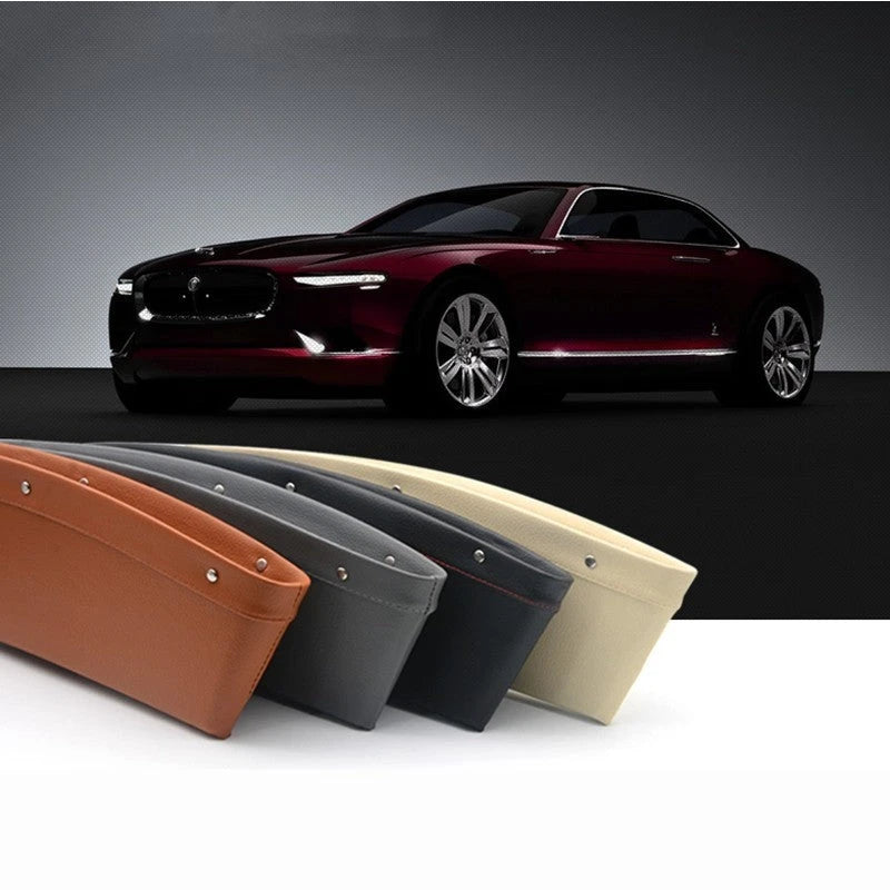 Premium faux leather car seat organiser in various colours, designed to fit between car seat and centre console for increased storage