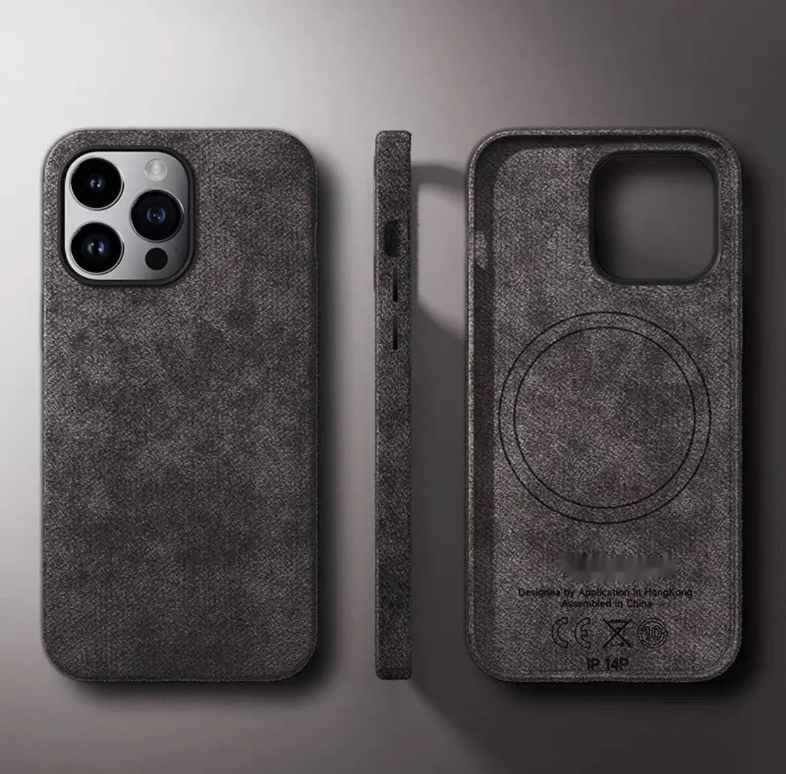 Alcantara suede magnetic phone case for Apple iPhone in black, showing frosted finish and anti-fall design.
