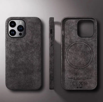 Alcantara suede magnetic phone case for Apple iPhone in black, showing frosted finish and anti-fall design.