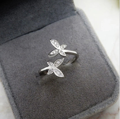 Elegant sterling silver adjustable butterfly ring with gem embellishments