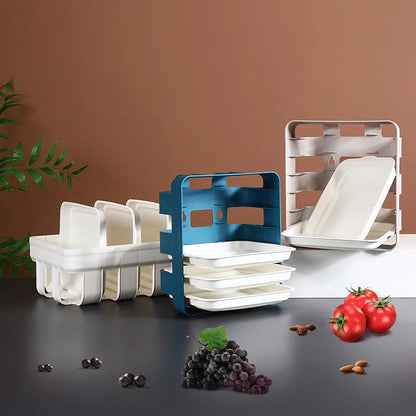 Wall-mounted kitchen shelf with stackable trays in navy blue, white, and coffee colour options