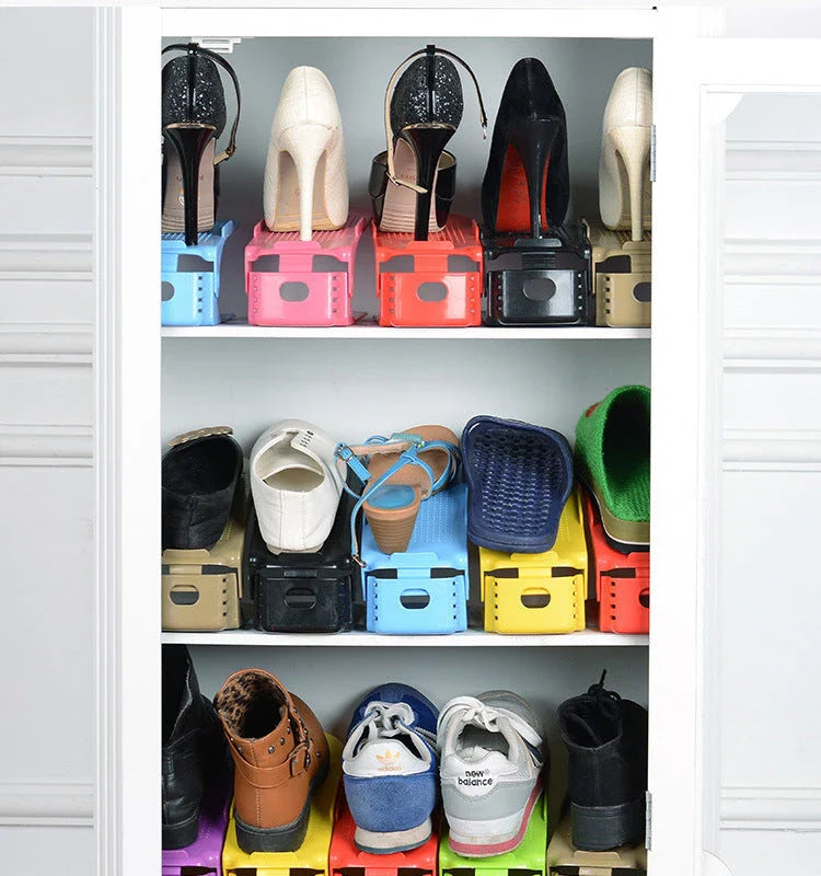 Adjustable dual-tier shoe organizer rack made of durable polypropylene material