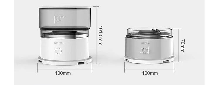 White smart pour-over coffee maker with stainless steel filter on kitchen countertop