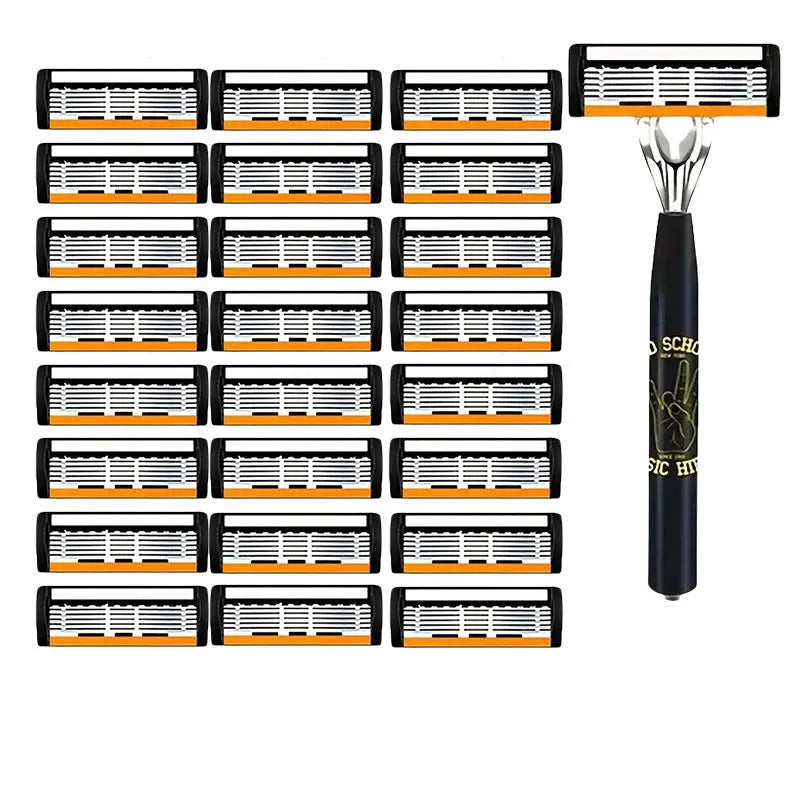 Black manual shaver finger handle with six-layer blade design showing multiple blade configurations