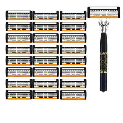 Black manual shaver finger handle with six-layer blade design showing multiple blade configurations