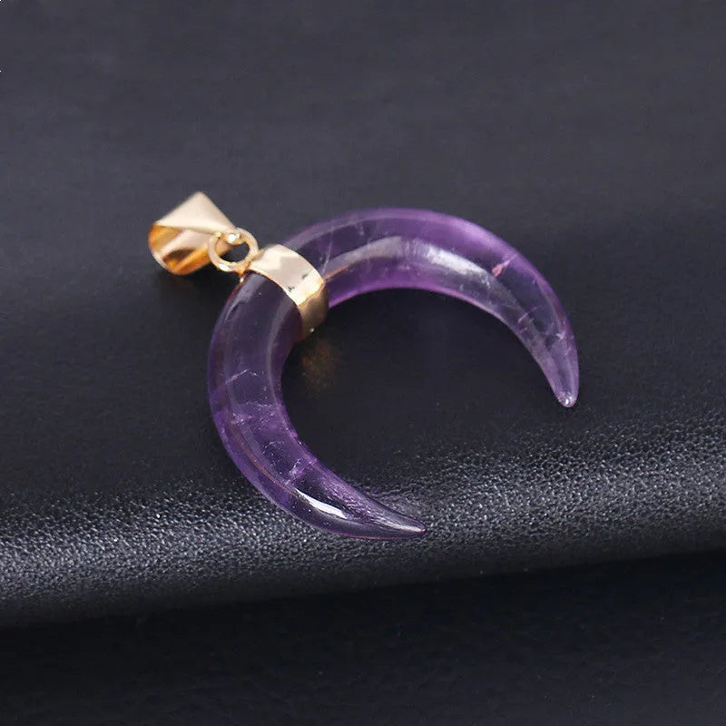Natural stone moon pendant necklace with electroplated copper chain in pink or purple colour options