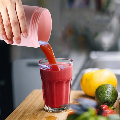 Blue or pink 450ml portable blender with folding design, stainless steel blades, and USB charging port
