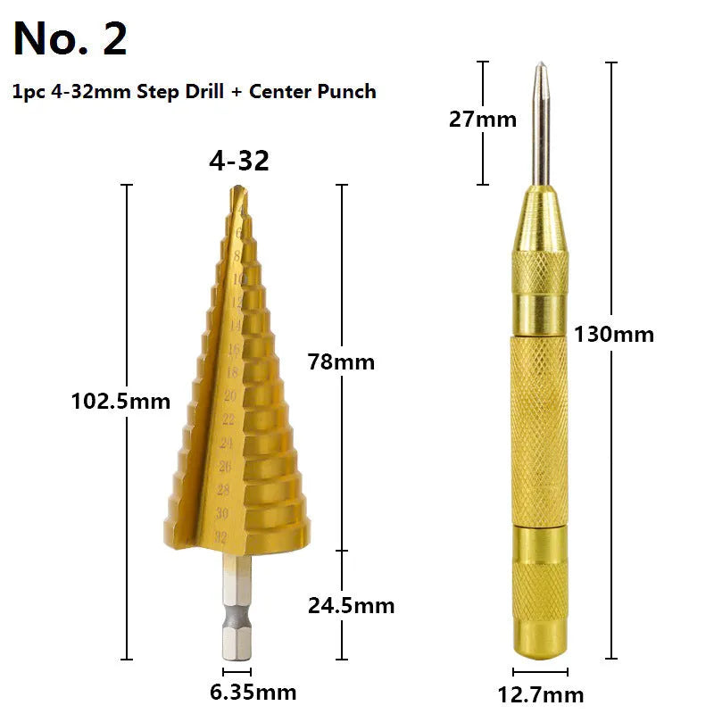 High-speed steel cone step drill bits and a centre punch laid out on a workbench.