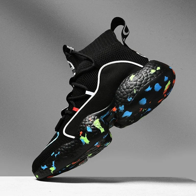 Men's camouflage pattern mesh sneakers with rubber sole, showing striped design and flat base for running