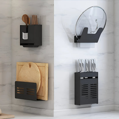 Black aluminium wall-mounted kitchen shelf with chopstick holder, lid rack, tool holder, and glue frame.