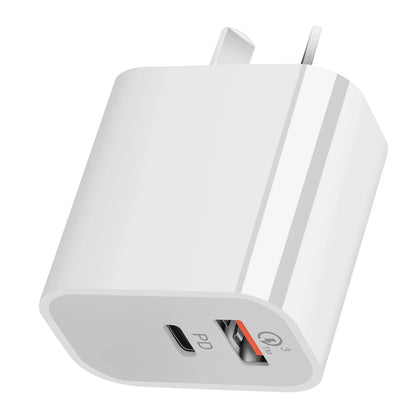 White Australian Standard dual USB charger with AU plug showing USB-A and USB-C ports