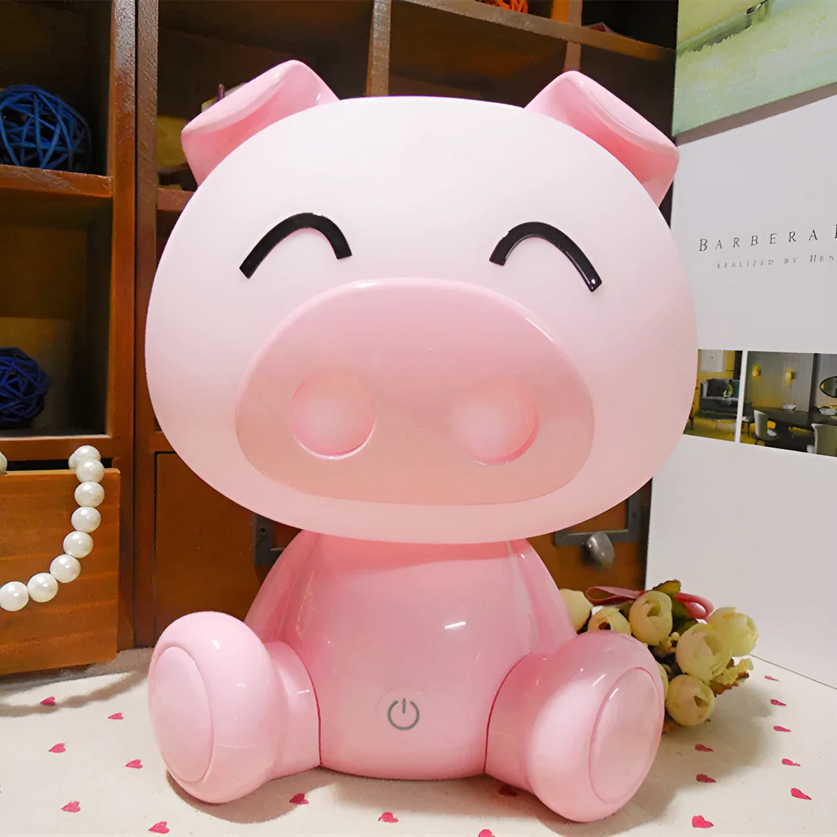 Cartoon pig small night lamp in ABS with 3W power, USB cable, power adapter, and blue, pink or yellow colour options.