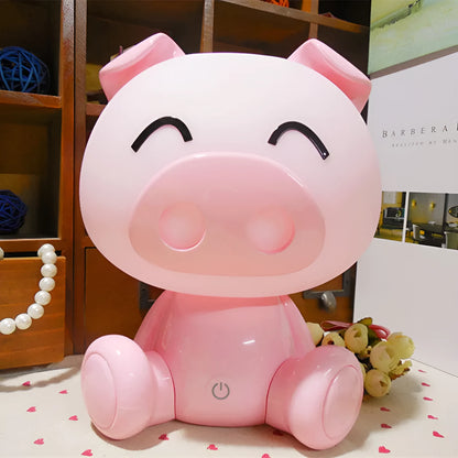Cartoon pig small night lamp in ABS with 3W power, USB cable, power adapter, and blue, pink or yellow colour options.