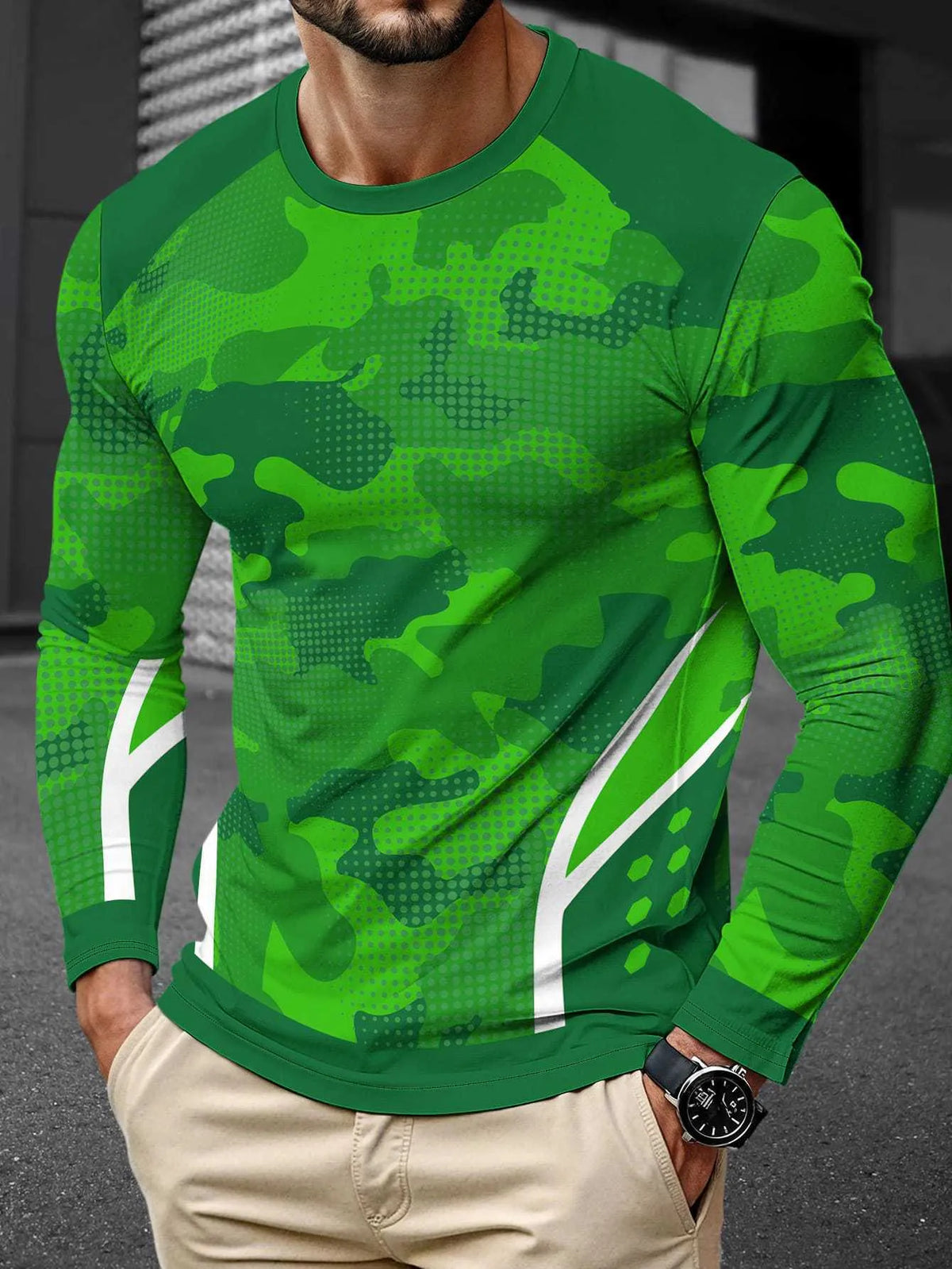 Man wearing a long sleeve milk silk pullover in a round neck, Young Casual style.