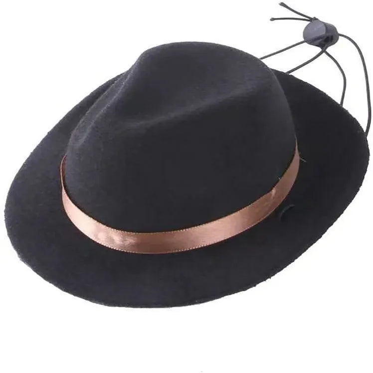 Hand-crafted wool felt mini pet hat in denim style with hairpin, shown in pink colour.