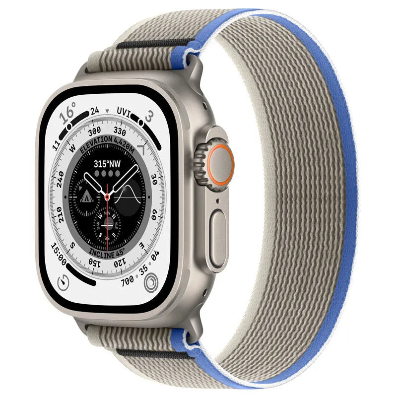 Nylon Apple Watch band with single ring strap closure in multiple colour options on a wrist