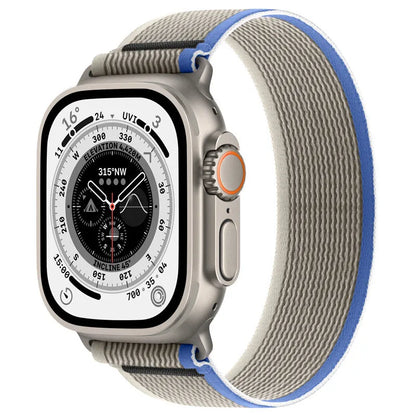 Nylon Apple Watch band with single ring strap closure in multiple colour options on a wrist