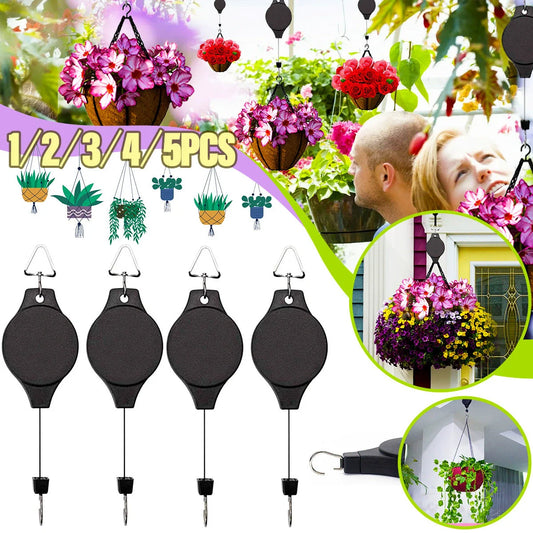 Detachable hanging basket hook with elastic cord for adjustable plant displays