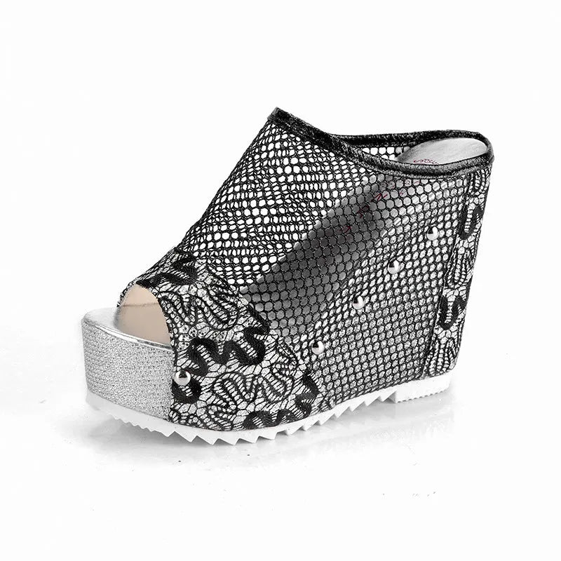 Korean-style platform flip flops with hollowed chunky heels and lace detailing on mesh upper