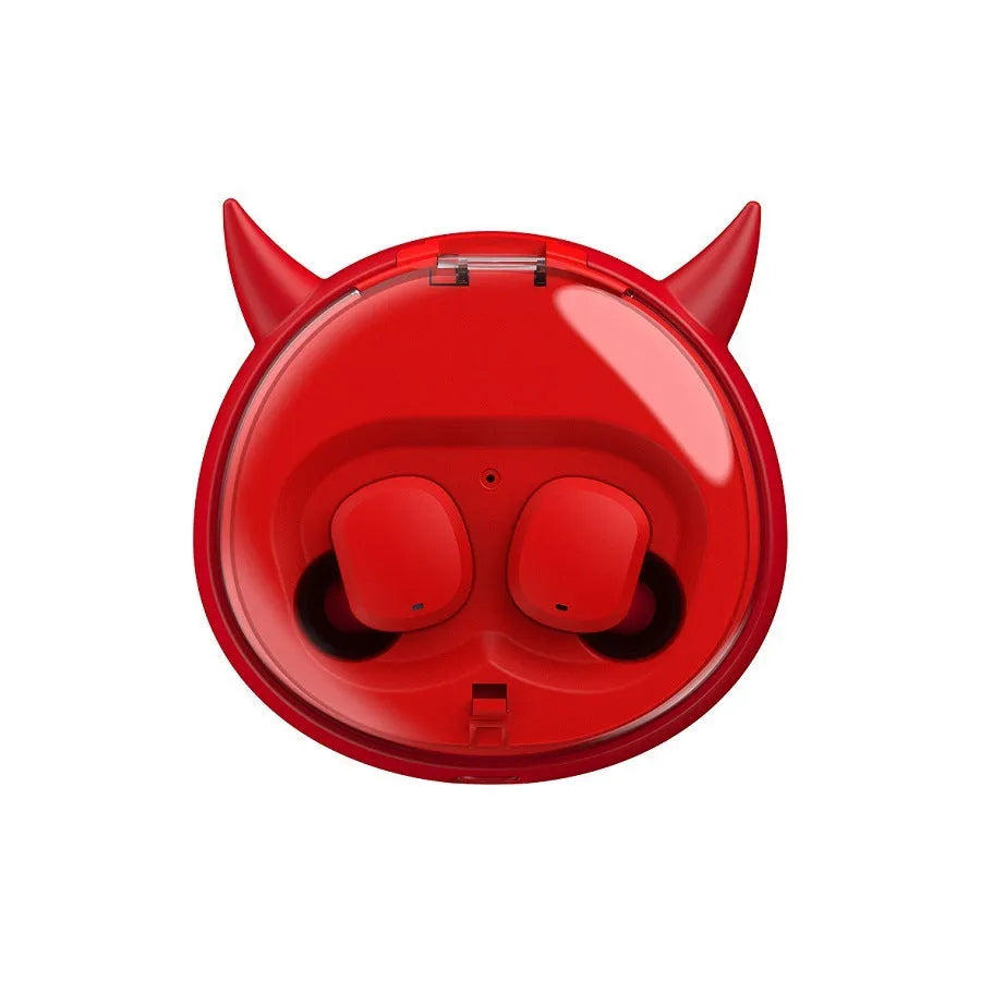 Macaron Red true wireless Bluetooth 5.0 headset with in-ear design showing battery display