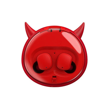 Macaron Red true wireless Bluetooth 5.0 headset with in-ear design showing battery display