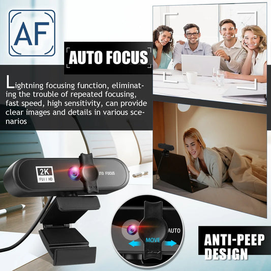 Premium 4K auto-focus webcam with dual microphones for clear, high-quality video and audio during video calls, live streams, and online conferences