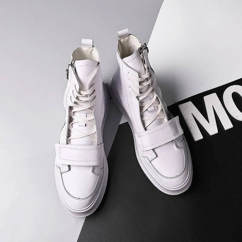 Men's black and white PU leather ankle boots in high-top sneaker style with microfiber upper, sizes 38-43
