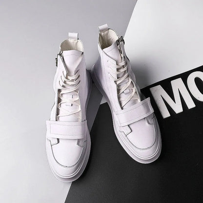 Men's black and white PU leather ankle boots in high-top sneaker style with microfiber upper, sizes 38-43