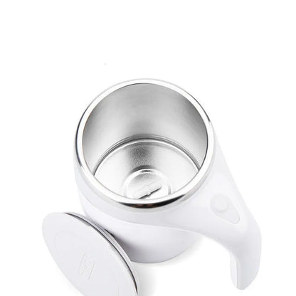 White automatic stirring coffee cup with magnetic mixing technology and modern design