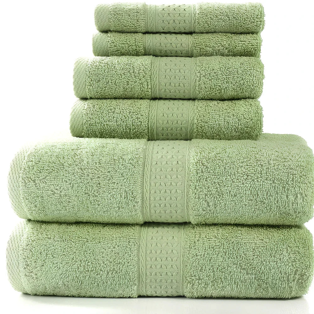 Pure cotton towel set showing bath towel, towel, and square towel in bamboo green colour