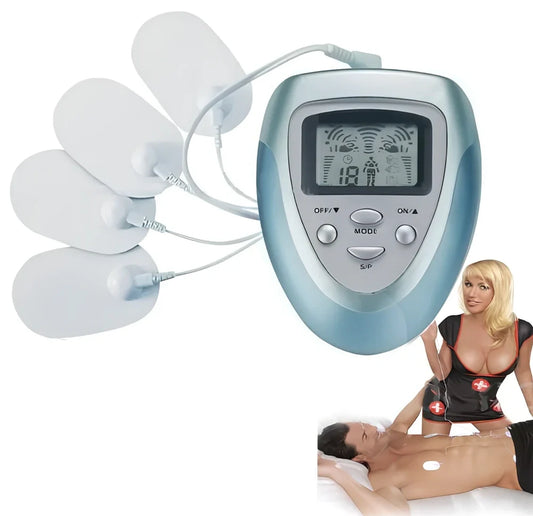 Blue electric muscle stimulator with 4 electrode pads and remote controller showing LED display