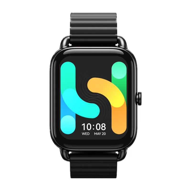 HAYLOU RS4 Plus smartwatch in black on wrist, showing AMOLED display with fitness stats.