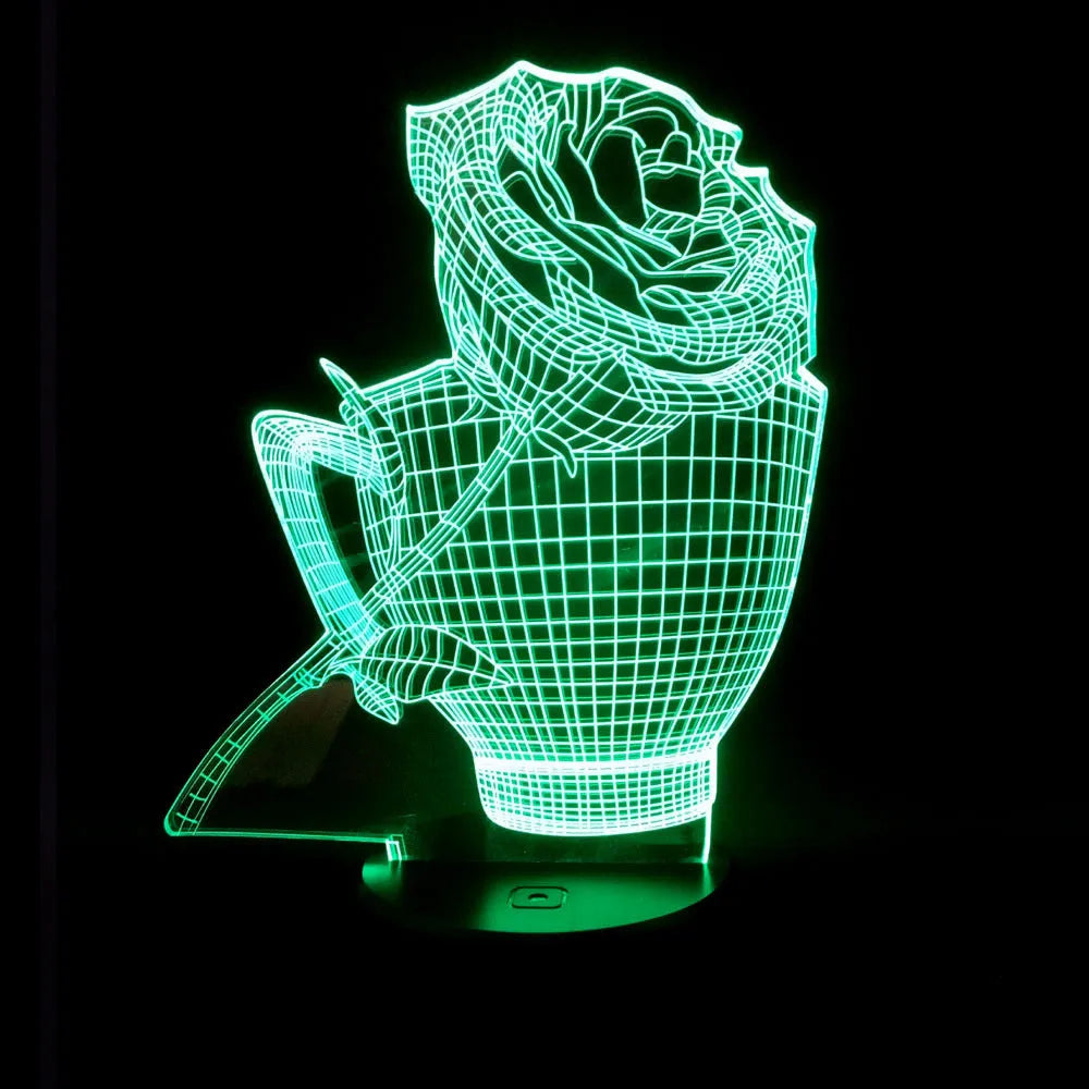 3D rose flower night light showing seven colour options with remote control and USB cable