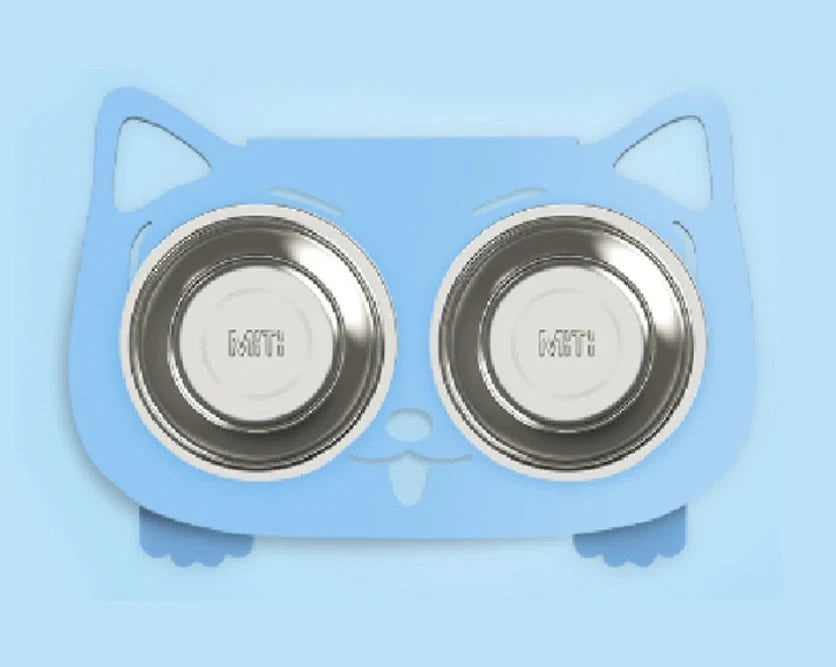 Anti-falling cat dog feeding water bowl in stainless steel with inclined design