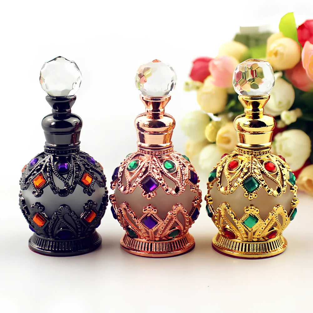 Arabic style glass perfume bottle with zinc alloy hardware and electroplated finish in choice of colours