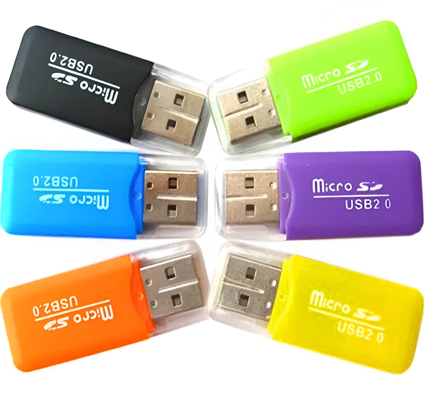 Small white USB-A card reader with inserted MicroSD card, shown next to a 16GB TF card and SD adapter