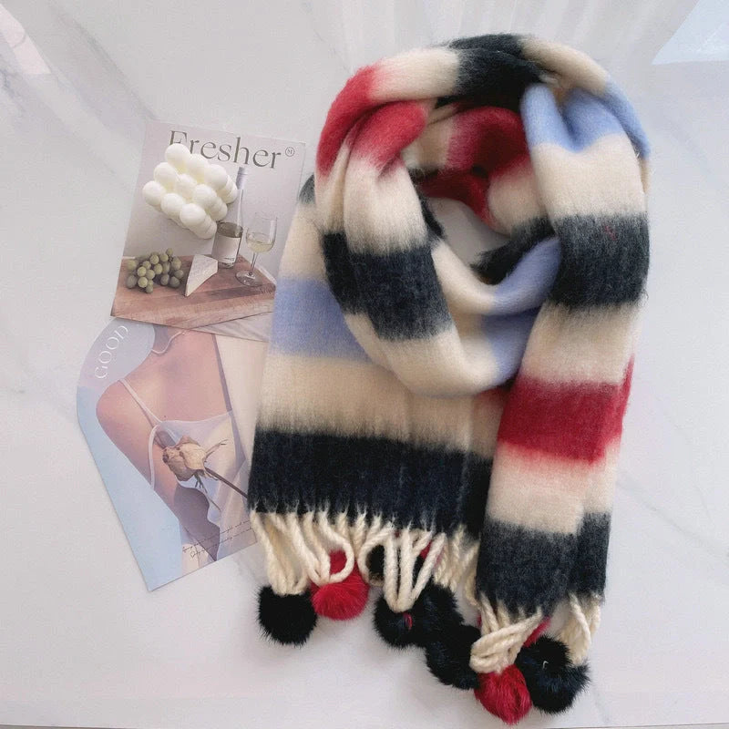 Vibrant Rainbow Mohair Tassel Scarf in various colors, perfect for winter fashion