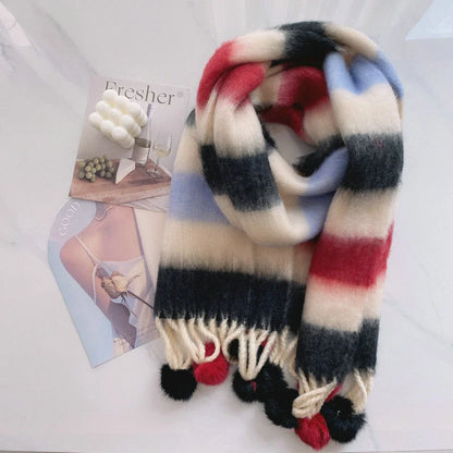 Vibrant Rainbow Mohair Tassel Scarf in various colors, perfect for winter fashion