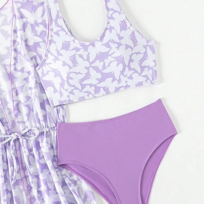 Three-piece girls swimsuit cover-up set in polyester with vest and pants for ages 8-12