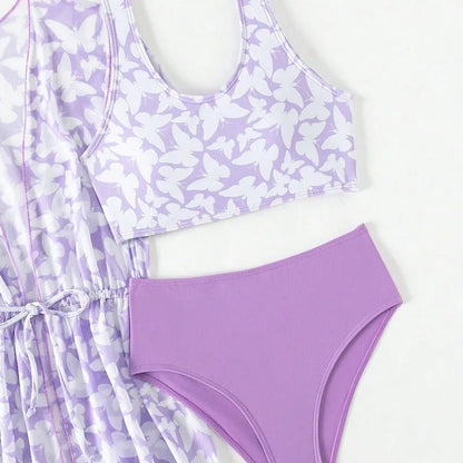 Three-piece girls swimsuit cover-up set in polyester with vest and pants for ages 8-12