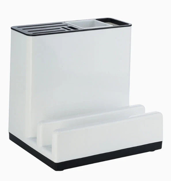 A modern, white plastic kitchen storage rack with integrated shelves for organizing cutlery, utensils, and tableware