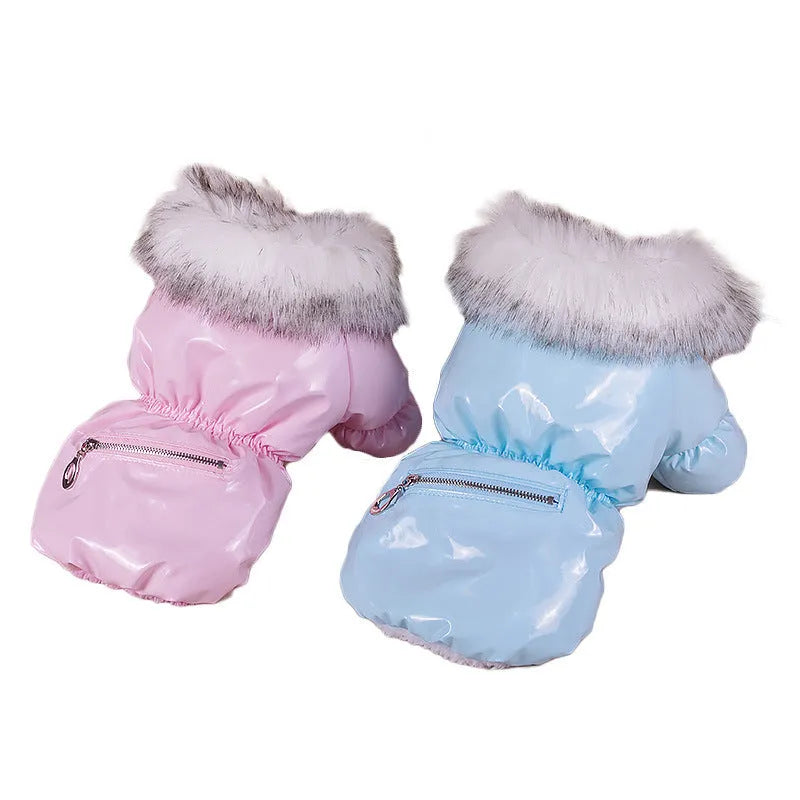 British style blue cotton dog jacket with winter padding shown on a model dog
