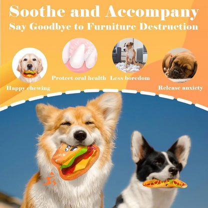 Hamburger-shaped crinkle and squeaky dog toy with vivid colours for puppies and dogs