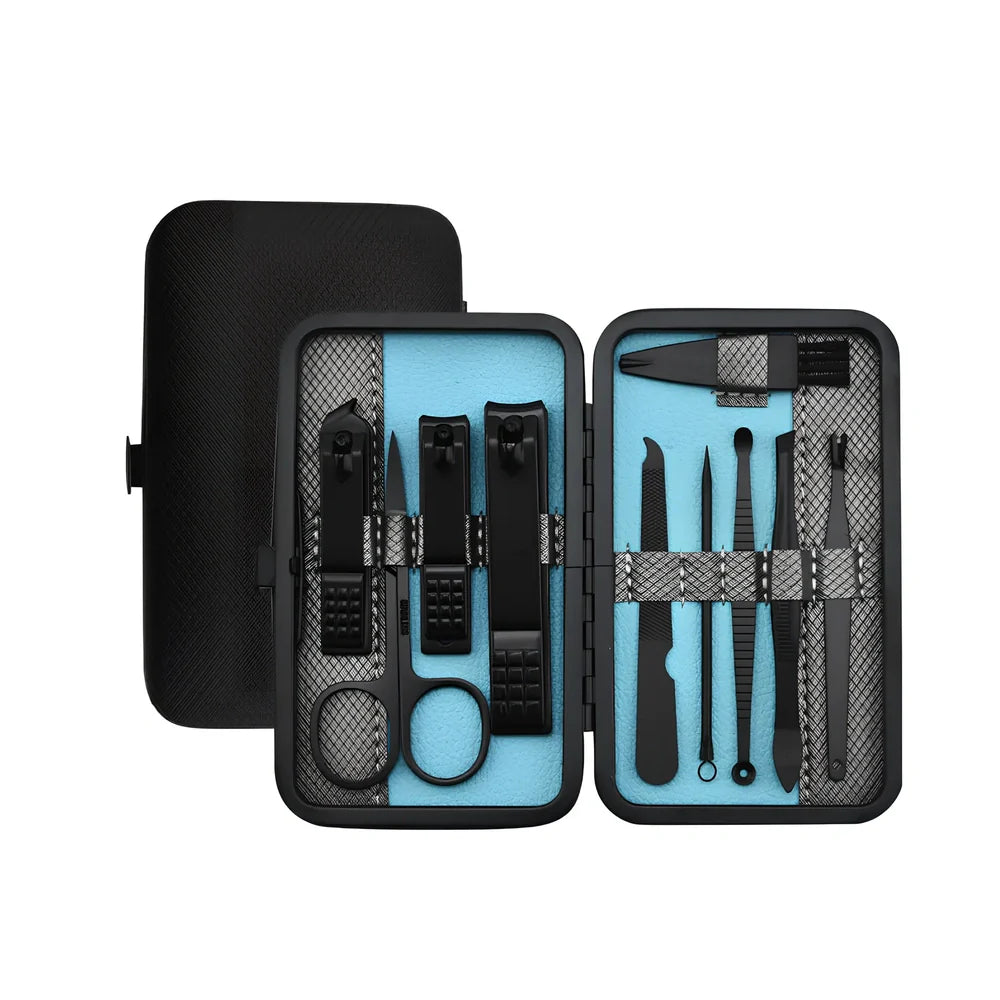 Beauty and manicure nail care kit with stainless steel tools in PU leather case showing multiple grooming implements