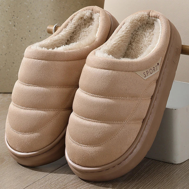 Cozy plush slip-on slippers in various colors, featuring a soft suede-like upper and a supportive EVA sole for maximum comfort and warmth.