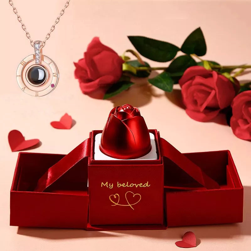 Valentine's Day Metal Rose Jewelry Gift Box Necklace with adjustable crystal necklace and maroon gift box
